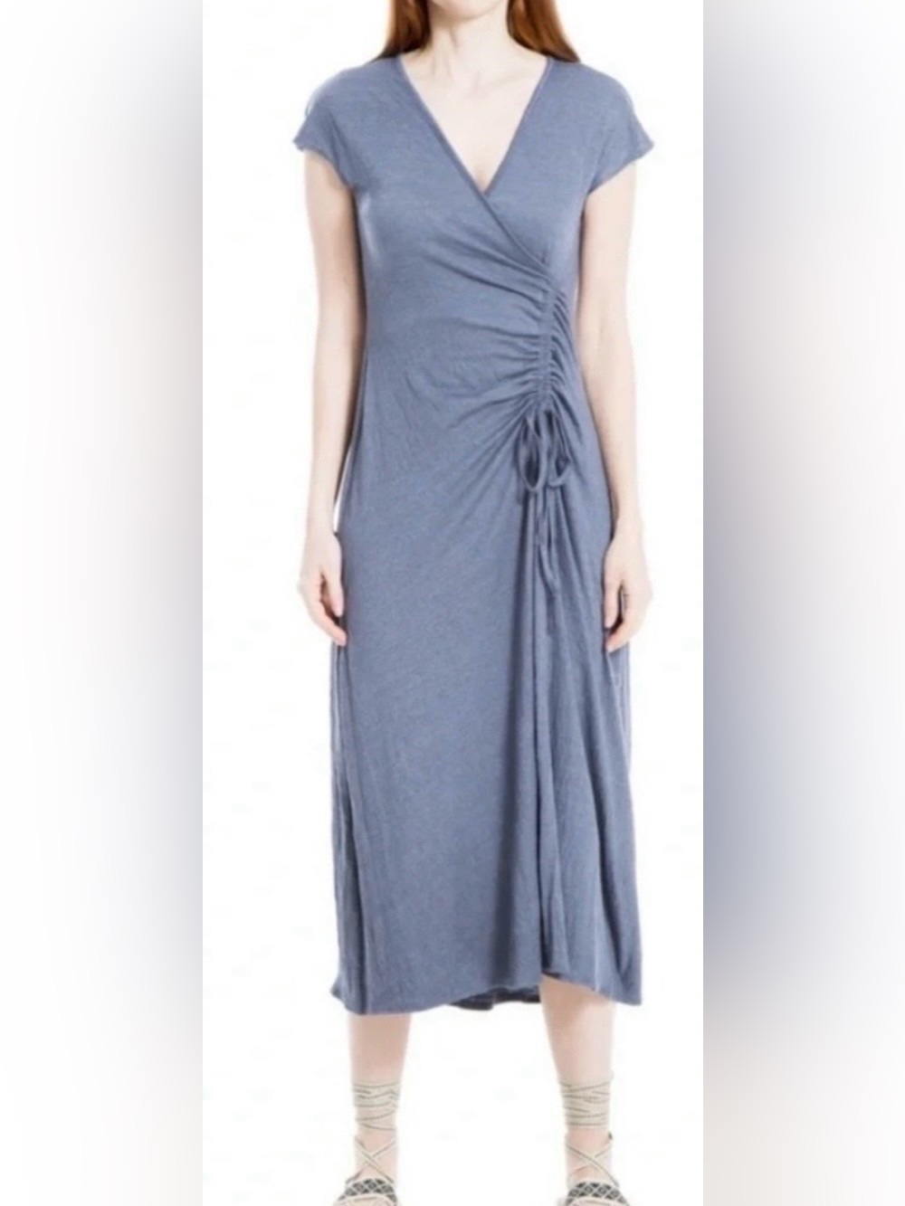 Max Studio Slate Blue Ruched Wrap Midi Dress